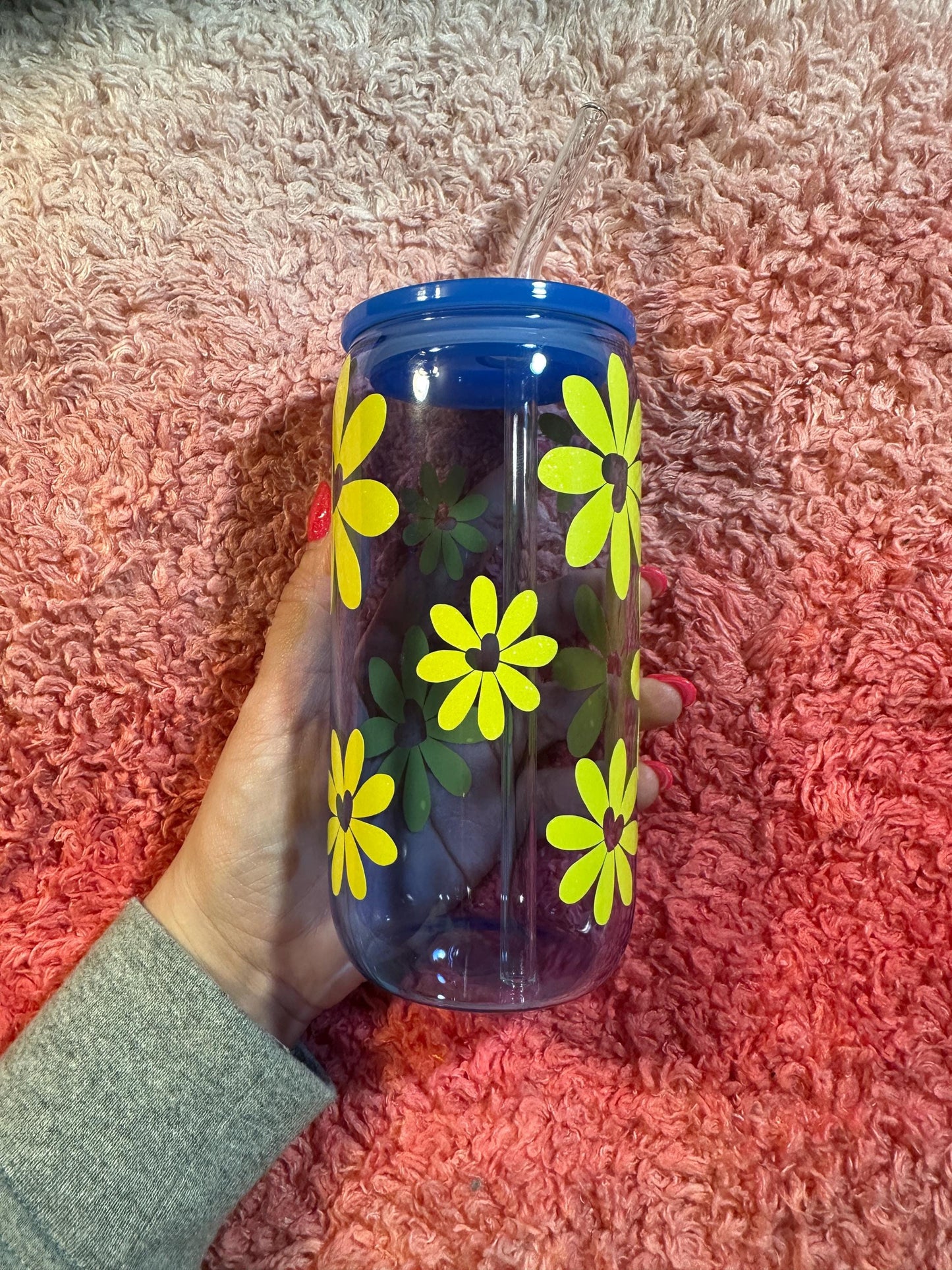 20oz Glass tumbler -Glitter white daisy design