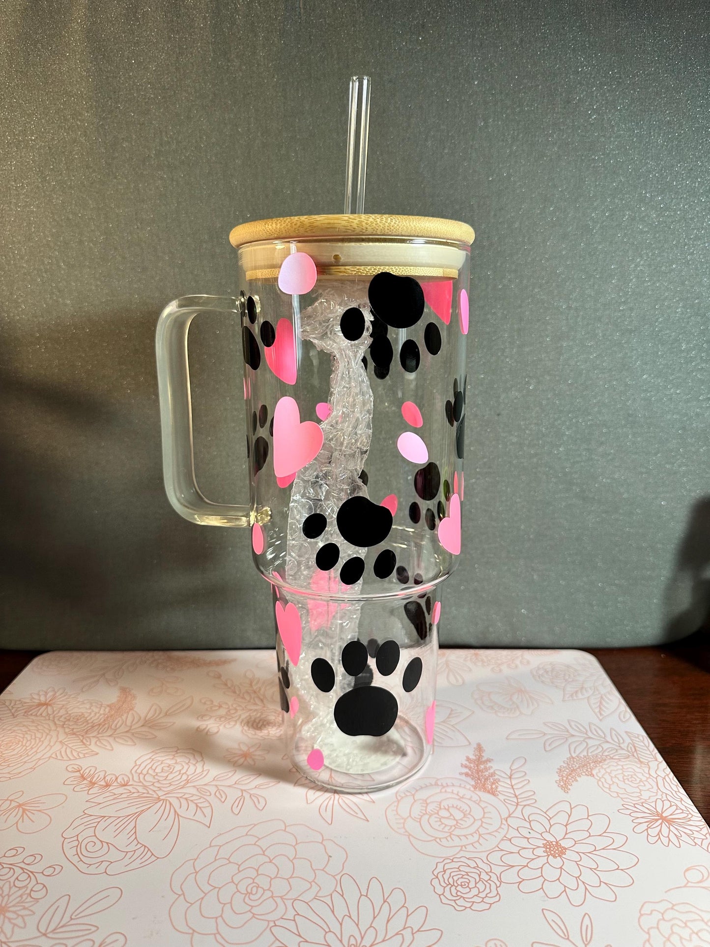 40oz Glass tumbler -Love Cats- Heart & Paws