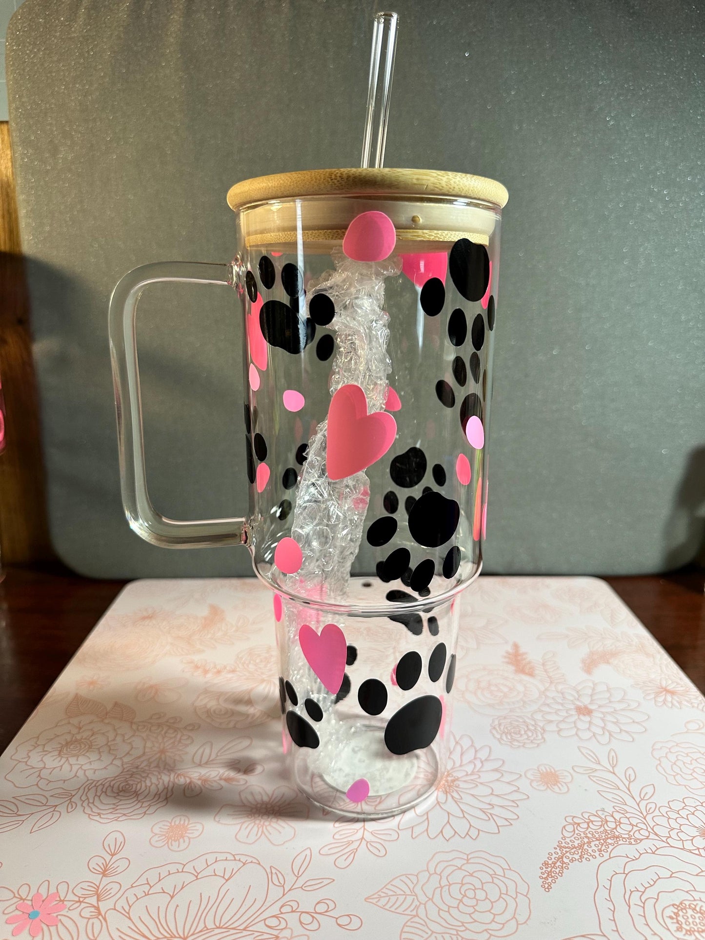 40oz Glass tumbler -Love Cats- Heart & Paws