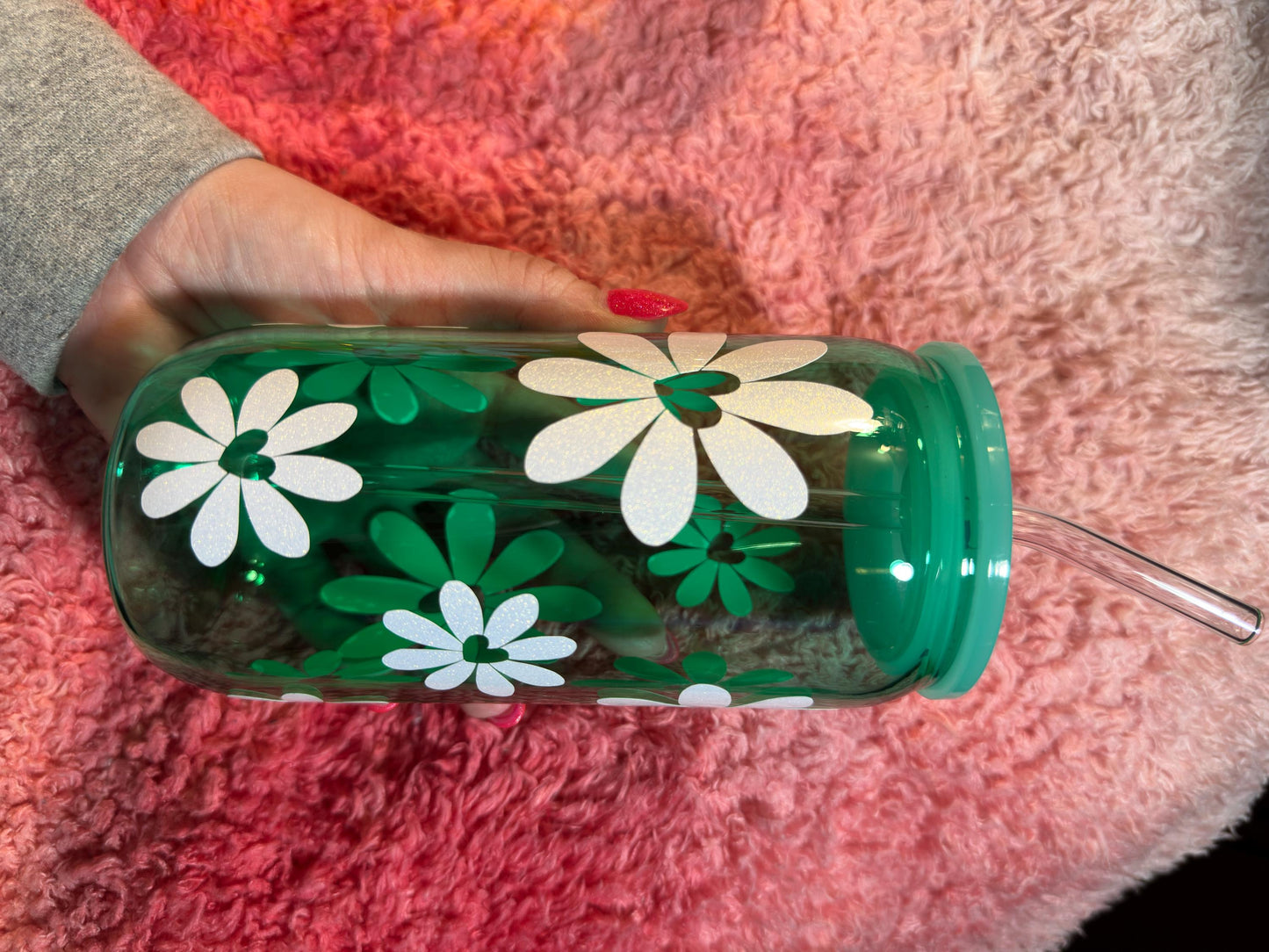 20oz Glass tumbler -Glitter white daisy design