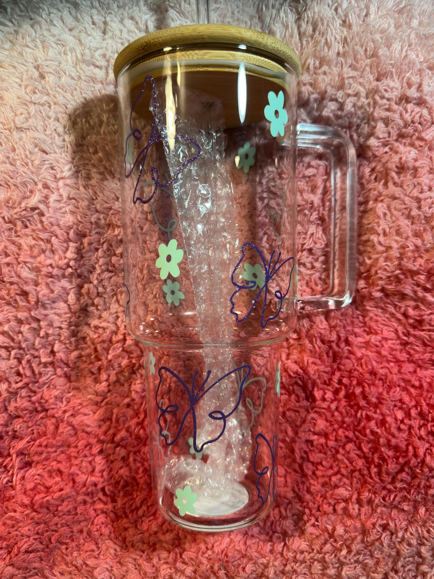 40oz Glass tumbler -Butterfly and flower design