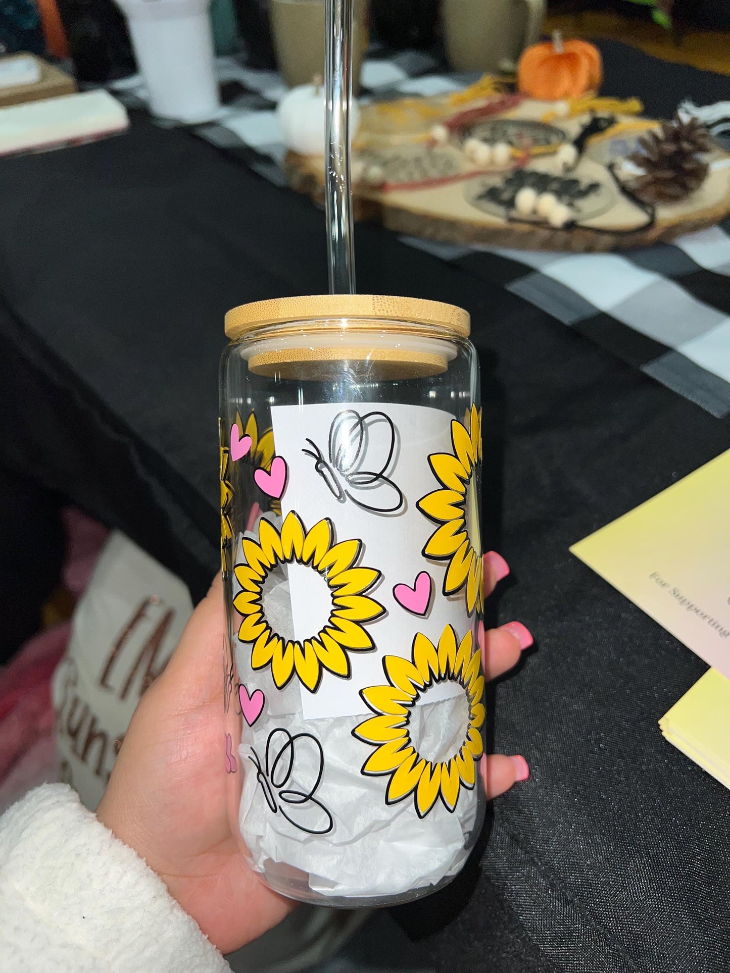 Glass Tumbler with Sunflower, Butterfly and Pink Hearts.