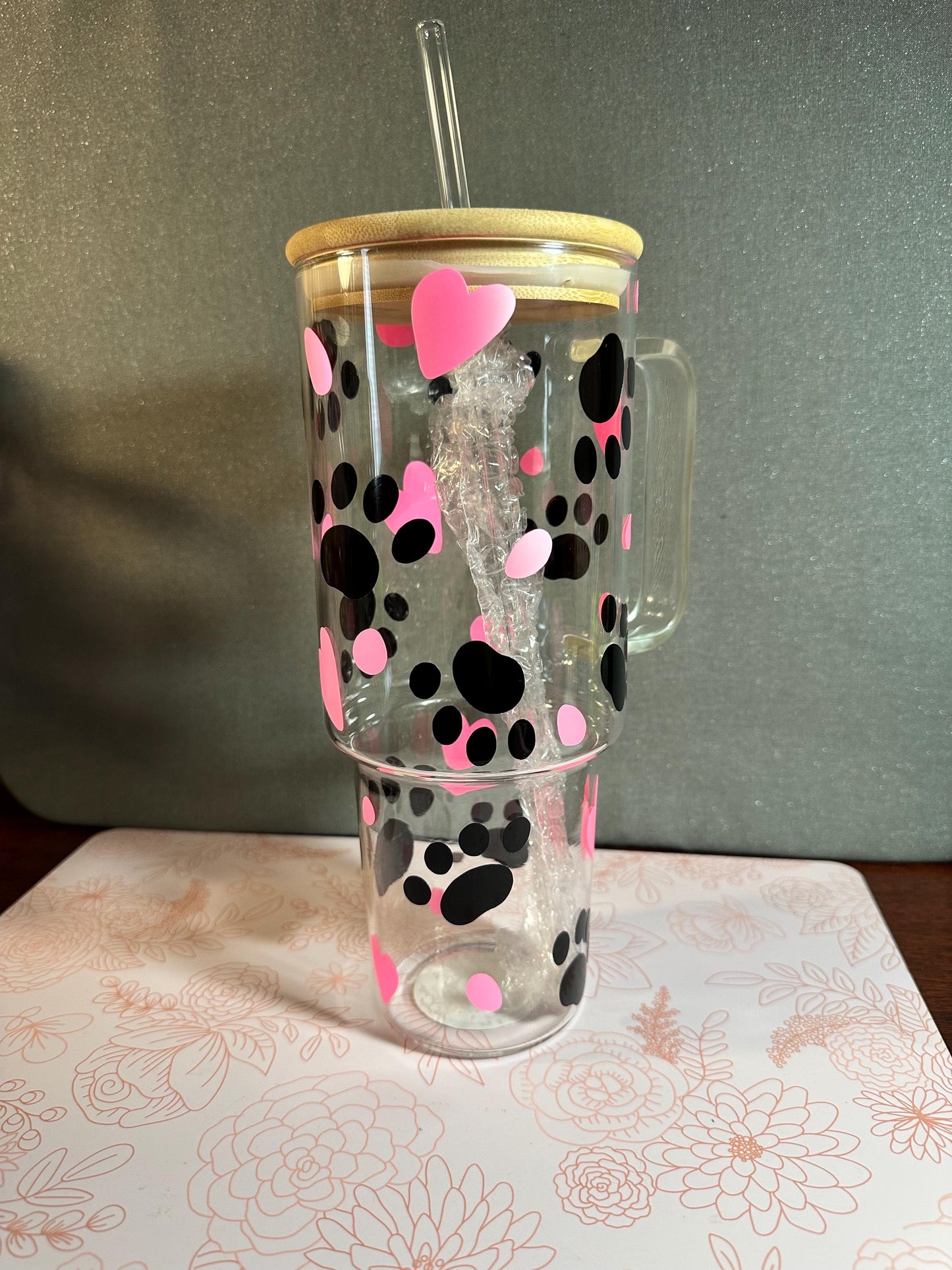40oz Glass tumbler -Love Cats- Heart & Paws