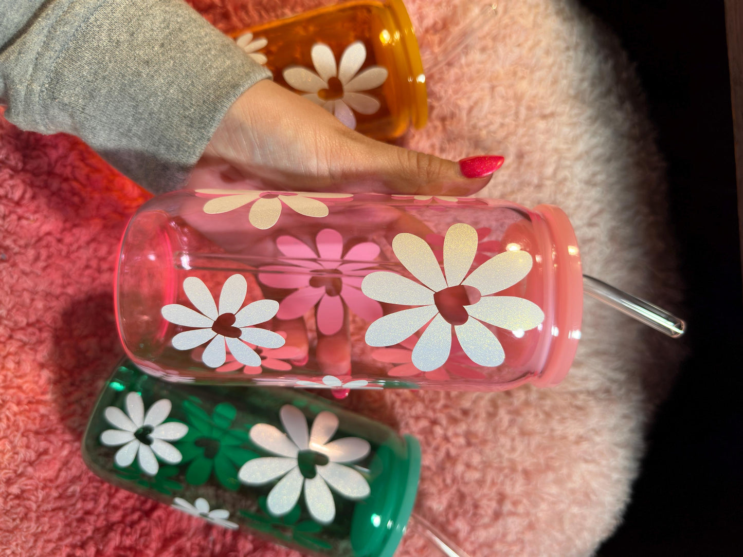 20oz Glass tumbler -Glitter white daisy design