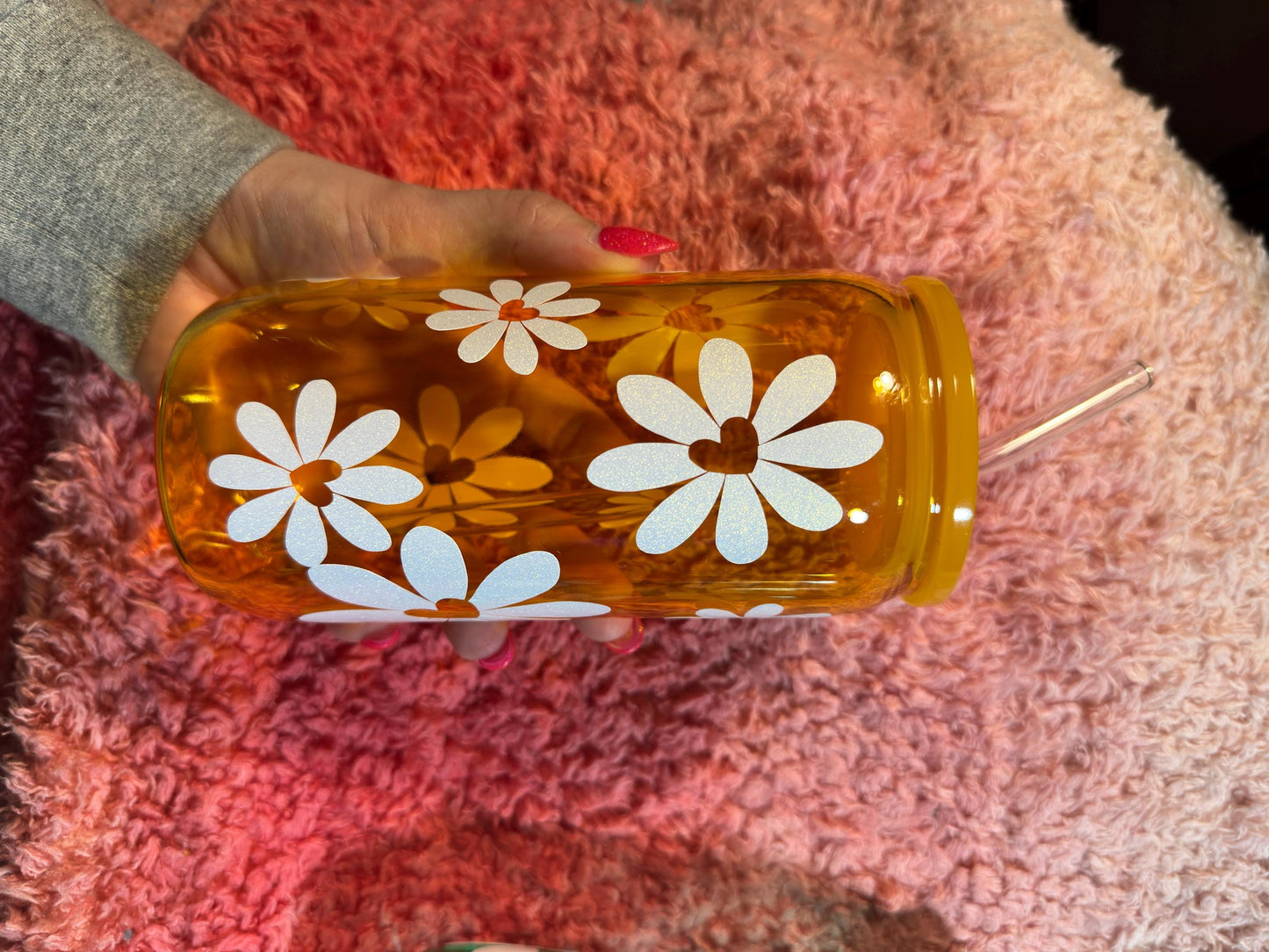 20oz Glass tumbler -Glitter white daisy design