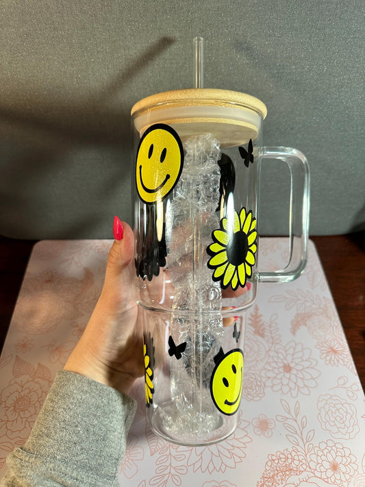 40oz Glass tumbler -Glitter Sunflower and Smiley Face design.