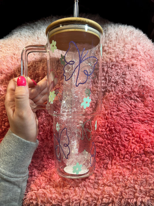 40oz Glass tumbler -Butterfly and flower design