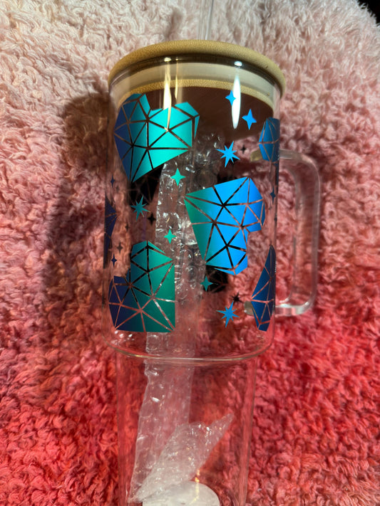 40oz Glass tumbler -Holographic Geometry Heart design.