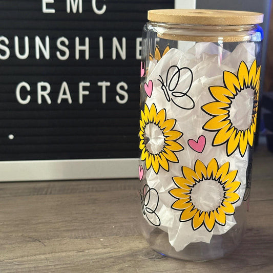 Glass Tumbler with Sunflower, Butterfly and Pink Hearts.