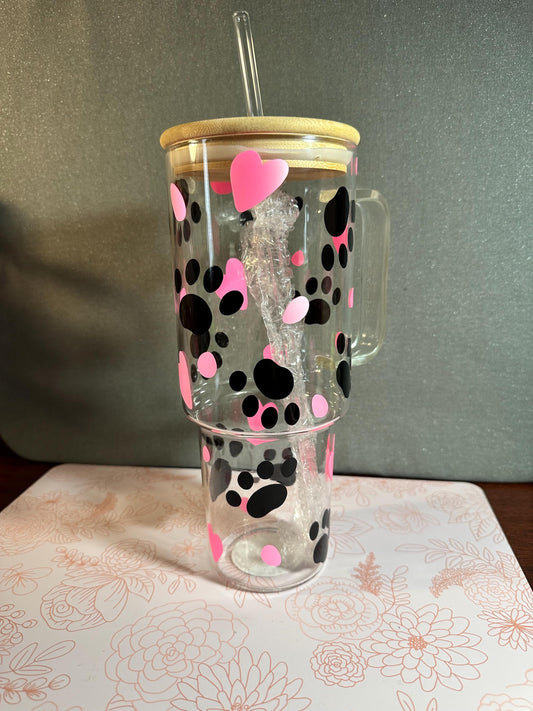 40oz Glass tumbler -Love Cats- Heart & Paws
