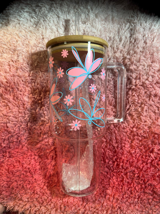 40oz Glass tumbler -Firefly and flower design