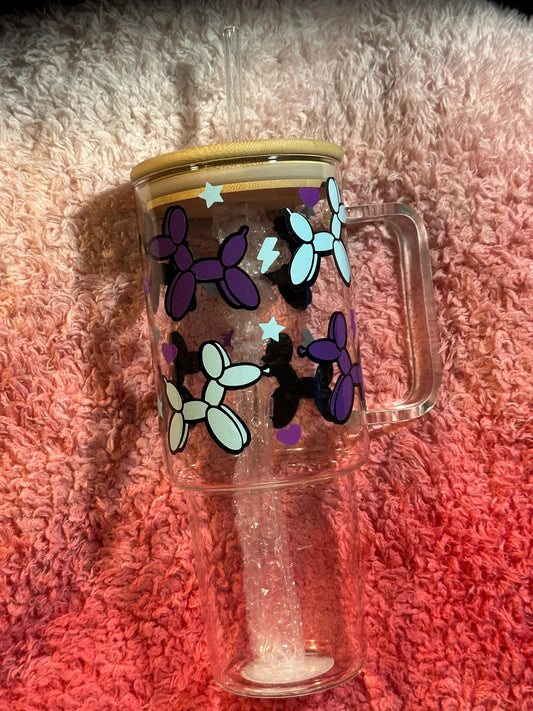 40oz Glass tumbler -Balloon dog with stars and lighting bolts design.